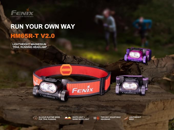 Fenix HM65R-T V2.0 Running Headlamp, 1600 Lumen White Light and Warm White Dual Beams, USB-C Rechargeable, Lightweight Long Runtime for Trail Running, with Organizer (Dark Purple)