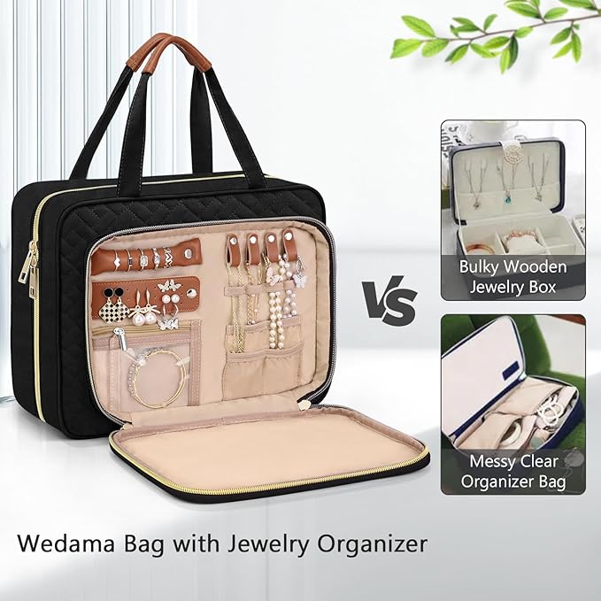 Wedama Toiletry Bag for Women, Hanging Travel Toiletry Bag with Jewelry Organizer Compartment Large Makeup Bag, PVC Waterproof Cosmetic Travel Bag for Travel Business Trips Camping Bathroom, Black