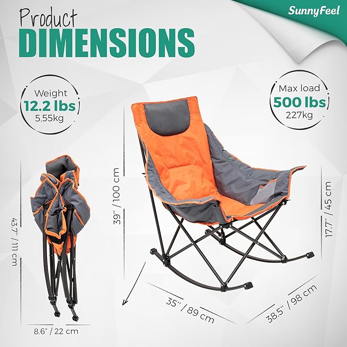 SUNNYFEEL Rocking Camping Chair, Luxury Padded Recliner, Oversized Folding Lawn Chair with Pocket, Heavy Duty for Outdoor/Picnic/Lounge/Patio, Portable Camp Rocker Chairs with Carry Bag