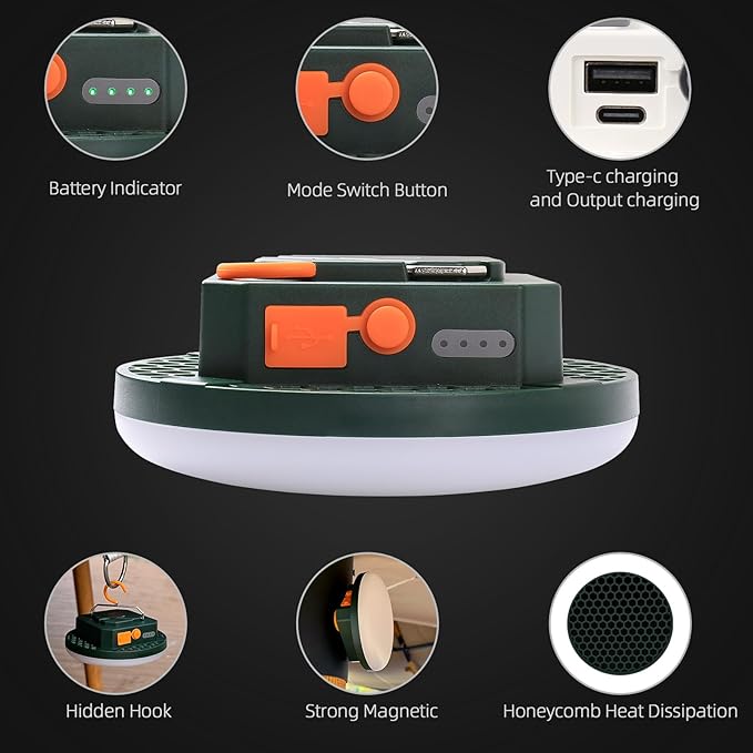 Camping Pop up Tent Light for Hanging, LED Rechargeable Portable Overhead Lantern for Vendor Booths, Waterproof Outdoor Camp Lamp with Battery Power for Glamping Indoor Outages(Dimming-Green)