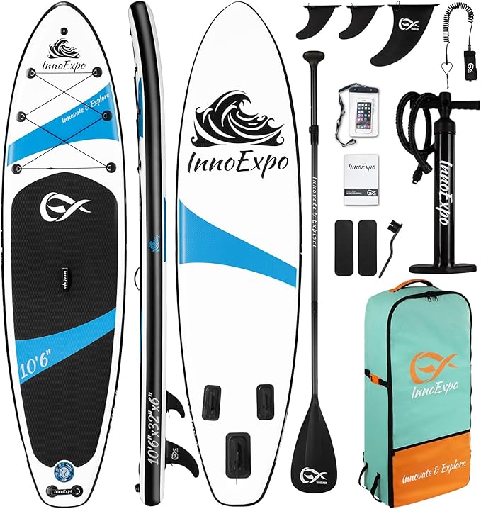 InnoExpo Inflatable Stand Up Paddle Boards with Premium Accessories, Wide Stable SUP Paddle Board Design, Non-Slip Comfort Deck for Youth & Adults