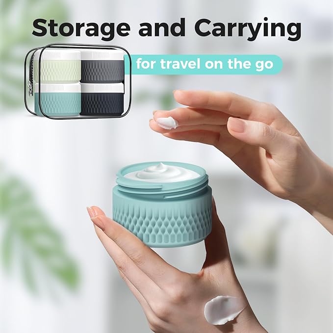 BPA Free Silicone Cream Jars - TSA Approved 2oz Travel Size Containers, Leak-proof with Lid for Cosmetic, Face, Hand, Body Glitters