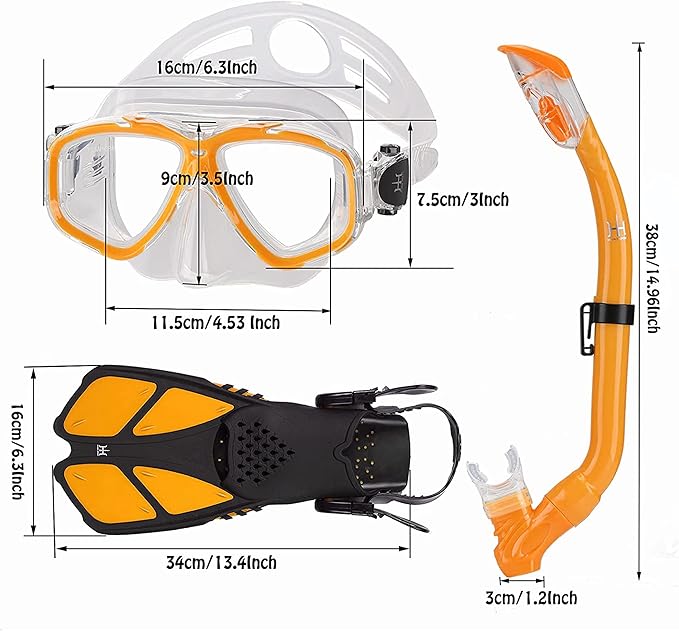 Kids Mask Fins Snorkel Set Snorkeling Packages, with Diving Mask, Snorkel, Adjustable Swim Fins, Mesh Bag, Anti-Fog Anti-Leak Snorkeling Gear for Kids for Snorkeling Swimming Diving