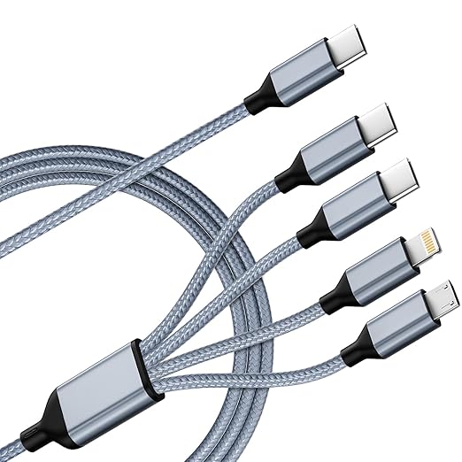 USB C Multi Charging Cable [1Pack 5FT], 4 in 1 Charging Cable Nylon Braided USB-C Multiple Charger Cord with Micro USB,IP Port and 2 Type C Adapter Port for iPhone 17/16 Series/Cell Phones and More