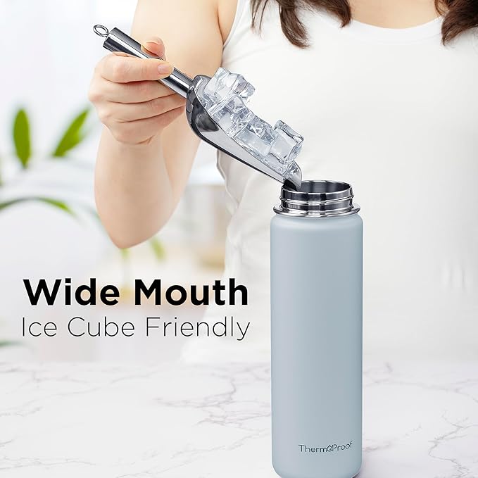 ThermoProof Double-Walled Vacuum Insulated Stainless Steel Water Bottle - Wide Mouth with Chug & Spout Lids, Dishwasher Safe, Reusable, Leakproof, Hot & Cold for Men, Women & Kids - 22oz, Cool Gray