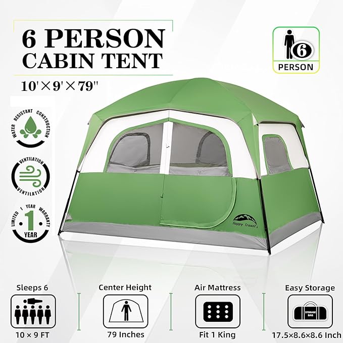 Happy Travel Tent 6 Person Tents for Camping, Waterproof Easy Setup Camping Tent with Rainfly, Portable Large Family Cabin Tent with 5 Large Mesh Windows and Carry Bag for Outdoor Camping & Hiking