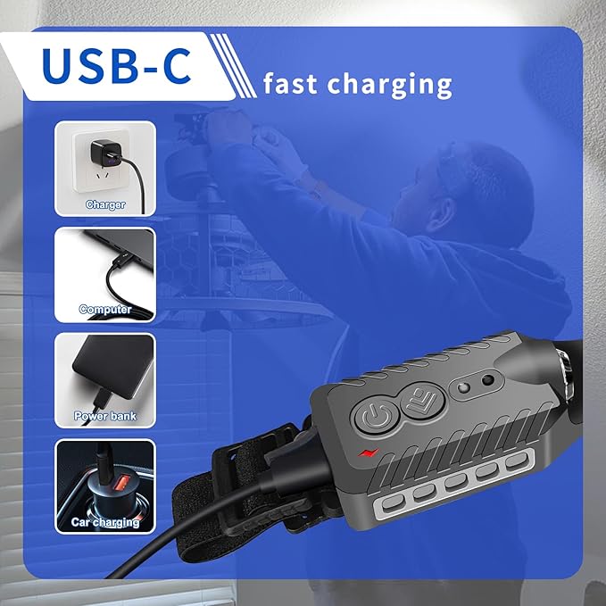 Rechargeable LED Headlamp (Gray), 400 Lumens, 230° Wide Beam, USB-C, IPX4, 5 Modes — Lightweight, Adjustable Headband; Hard Hat Clips for Camping, Hiking, Running & Repairs