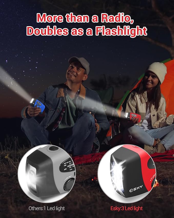 Esky Emergency Hand Crank Radio 7400mWh with 3 LED Flashlight, AM/FM/NOAA Portable Weather Radio with Power Bank Phone Charger, Solar Powered Rechargeable Radio for Indoor Survival Camping, SOS Alarm