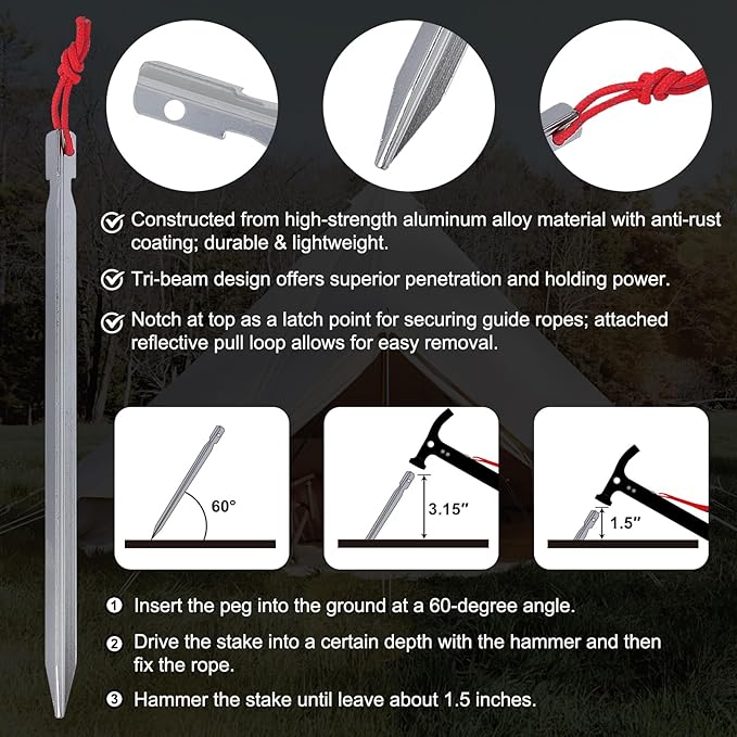 Eurmax USA Hiking Camping Tent Stakes and Hammer Set Lightweight Multi-Function Tent Hammer with Tent Stake Remover,Tent Pegs for Camping, Hiking, Backpacking, Gardening(Silver Stakes)