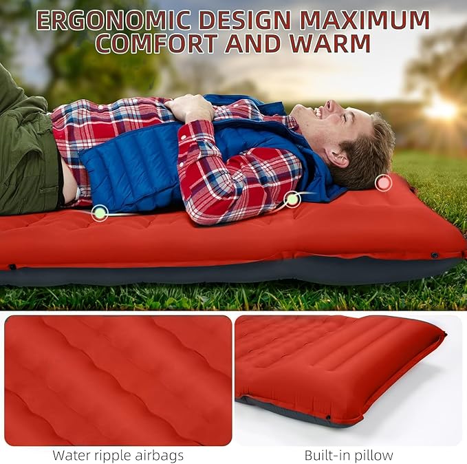 Double Sleeping Pad Camping, Self Inflating 6'' Extra-Thick 2 Person Pillow Built-in Foot Pump Waterproof Inflatable Sleeping Mat Backpacking, Tent, Hiking, Portable Camping Pad
