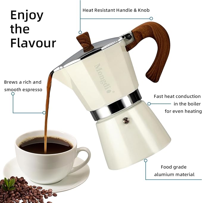 Mongdio Stovetop Espresso Maker Moka Pot, Cuban Coffee Maker Stove top coffee maker Moka Italian Espresso Greca Coffee Maker Brewer Percolator, 3 Espresso Cups, 5 oz - White