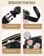 Capolo Fanny Packs for Women Fashion Waist Packs Bag with Adjustable Strap and 4 Zipper Pockets Waterproof Everywhere Crossbody Belt Bag for Workout Running Travelling(Black Flower)