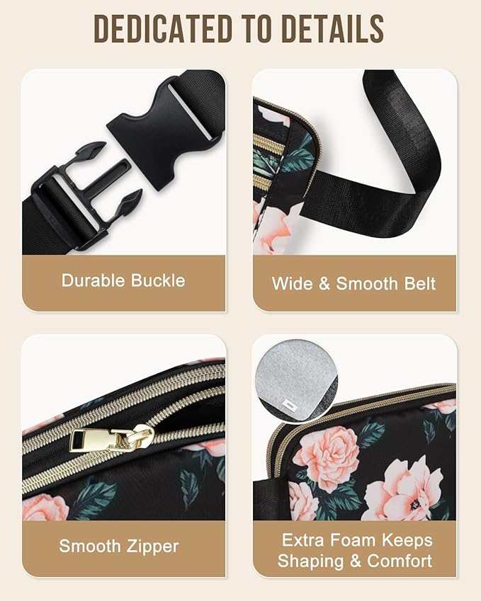 Capolo Fanny Packs for Women Fashion Waist Packs Bag with Adjustable Strap and 4 Zipper Pockets Waterproof Everywhere Crossbody Belt Bag for Workout Running Travelling(Black Flower, Large)