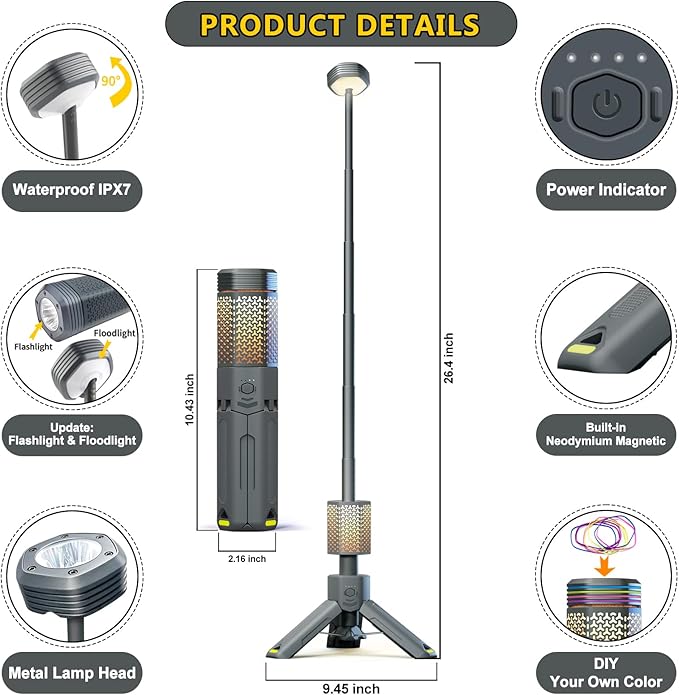 Camping-Lights-Rechargeable,Outdoor Telescopic-Collapsible-Lanterns with 2 Light Sources Mobile Lighting 10500mAh Battery Flash Light & Road Lamp for Adventure/Hiking/Camping/Live Streaming(Dark Grey)
