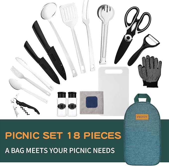 Camping Cooking Utensils Set- Camping Essentials Cookware Accessories Gear Must Haves Camper Tent Camp Kitchen Rv Gadgets Outdoor Stove Portable Picnic Gifts for Women BBQ Stuff