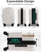 BAGSMART Expandable Carry On Luggage 22x14x9 Airline Approved, 1OO% PC Lightweight Hard Shell Suitcase, 20 Inch Travel Luggage with Spinner Wheels, Waterproof Rolling Suitcase, Biege