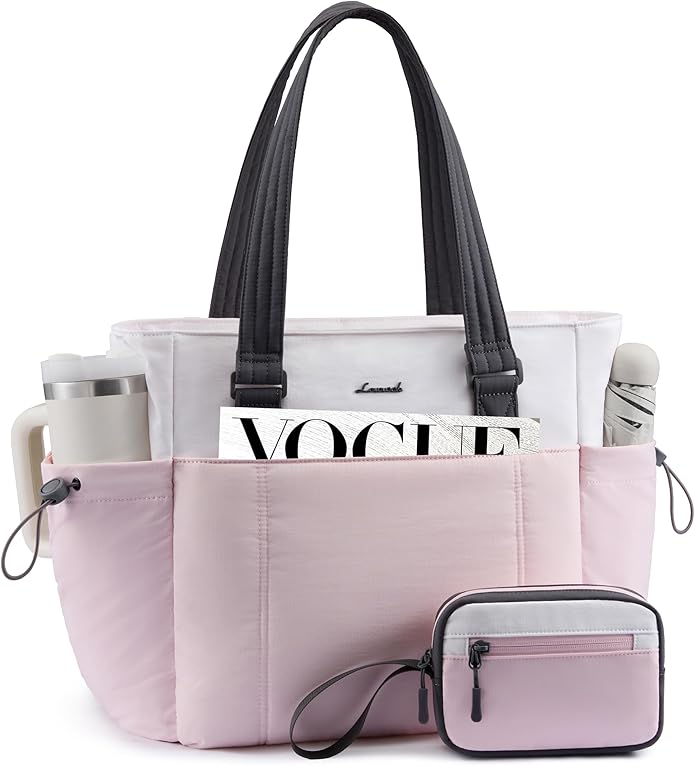 LOVEVOOK Tote Bag for Women, Puffy Work Tote with Large Cup Holder, Quilted Laptop Bag Travel Tote Shoulder Bag Handbag