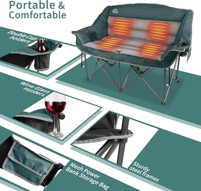 Heated Double Camping Chairs,3 Heat Levels Padded Portable Loveseat w/Wine Glass Holder,Cup Holder,Heating Outdoor Camp Couch Support 600 Lbs,Dark Green,Battery NOT Included