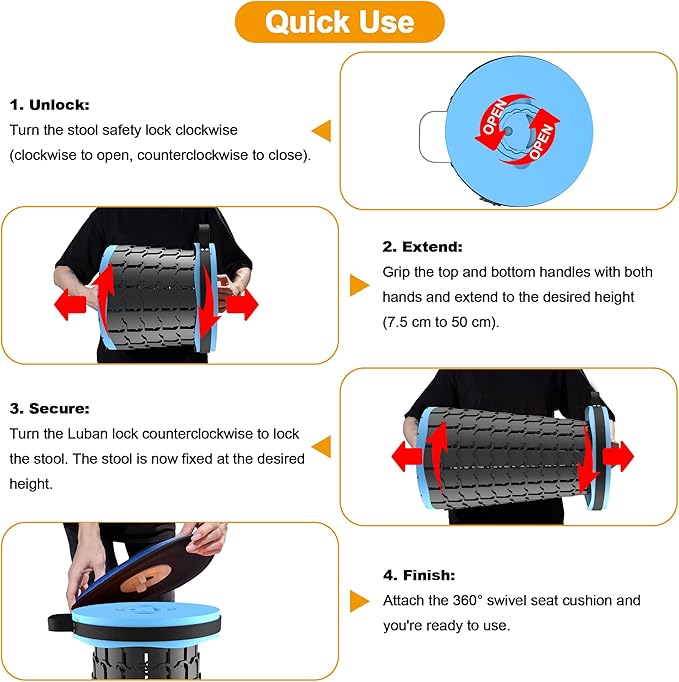 ALEVMOOM Upgraded XXL 19.7" Collapsible Stool, Heavy Duty Portable Folding Stool Max Load 1000 lbs, Retractable Telescoping Foldable Seat for Camping Fishing Hiking Travel BBQ