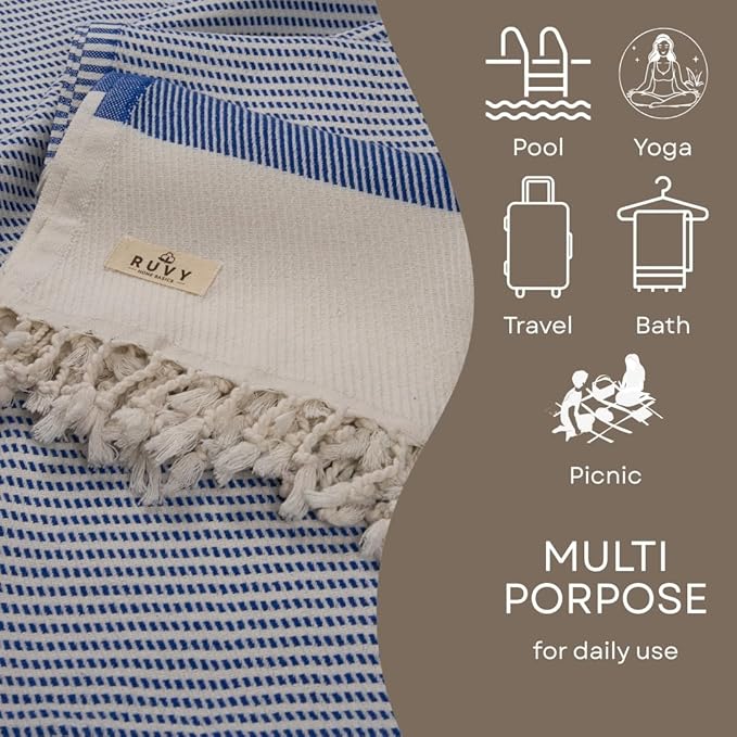 Ruvy Home Basics 2 Pack Turkish Beach Towels – Oversized Quick-Dry Bath Towels (40 x 72 Inches) – 100% Cotton Large Towels for Pool, Yoga, Travel, Camping Essentials, and Bathroom Decor - Navy