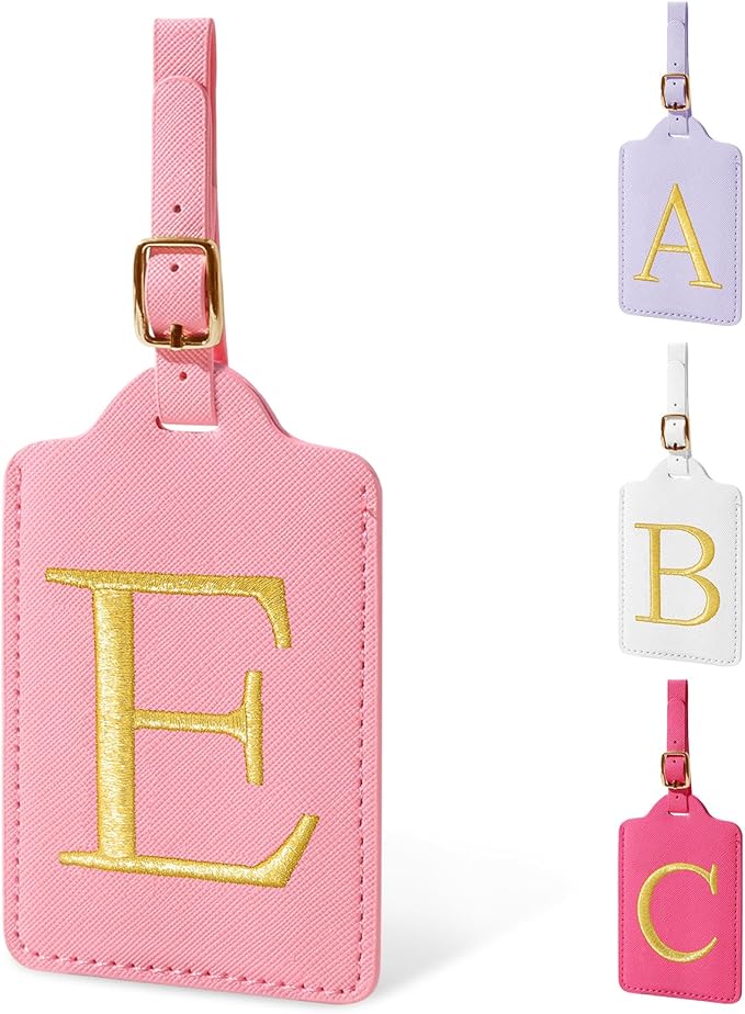 Personalized Initial Luggage Tags for Suitcase, Pink Leather Cute Luggage Tags with Privacy Cover Name Card, Embroidered Custom Monogrammed Luggage Tag Travel Bag Baggage Tags Gifts for Women Kids(E)