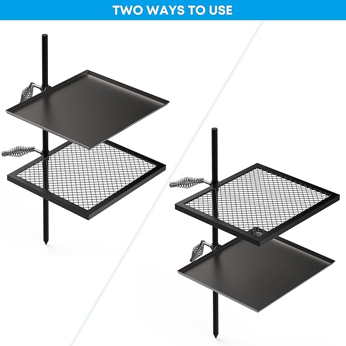 Stanbroil Adjustable Swivel Grill - Steel Mesh Cooking Grate with Spike Pole and Griddle Plate for Outdoor Open Flame Cooking - Dual Campfire Steel Cooking Grill Grate Swivel System