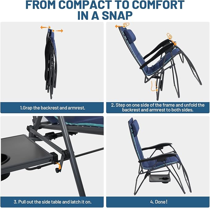 TIMBER RIDGE Oversized Zero Gravity Chair, 33In Wide XXL Zero Gravity Reclining Chair with Side Table, Full Padded Lounge Chair for Outdoor Camping Patio Lawn, Heavy Duty Supports 500lbs, Blue-1 Pack