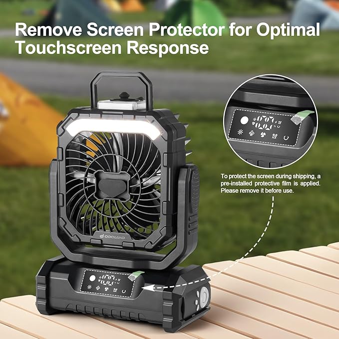 Odoland Portable Misting Fan with Light, 30000mAh Rechargeable Battery Camping Fan with 2 Spray Mister, Outdoors Tent Ventilador with Remote and Hook for Indoor Cooling Hiking Patio, Black