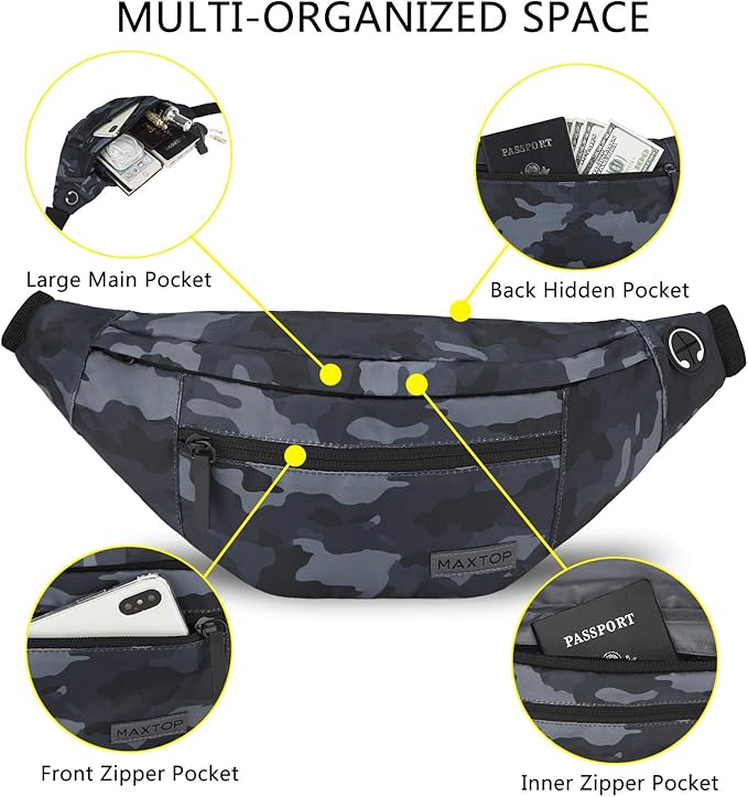 MAXTOP Large Crossbody Fanny Pack with 4-Zipper Pockets,Gifts for Enjoy Sports Festival Workout Traveling Running Casual Hands-Free Wallets Waist Pack Phone Bag Carrying All Phones