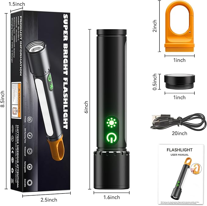 Magnetic Flashlight Rechargeable,2000LM 5000mAh Flashlights High Lumens with 9 Modes,Waterproof, Adjustable,Powerful Flash Light,Multi-Flashlights for Home,Car,Hiking,Camping