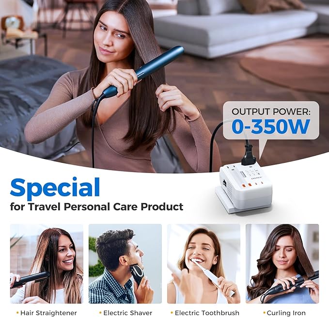 DOACE 220V to 110V Converter for European Travel - 6 in 1 350W Voltage Converter US to Europe, Power Converter Adapter Combo with PD Fast Chargers for Hair Straightener Shaver Toothbrush Laptop Phone