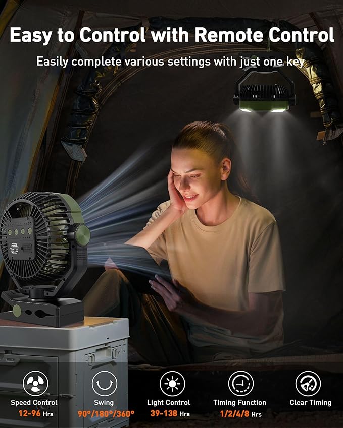 DUKUSEEK 20000mAh Clip On Fan with LED Light, 9-inch 60Hrs Portable Camping Fan with Sturdy Clamp, 360° Oscillating Personal Desk Fan for Office, Worksite, Golf - Regargeable Battery Powered USB Fans