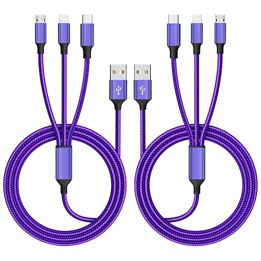 Multi Charging Cable(2Pack 4FT), Nylon Braided 3 in 1 Universal Charger Cable Multiple Charger Cord with Type-C/Micro USB and IP Port, Compatible with Most Cell Phones（Purple）
