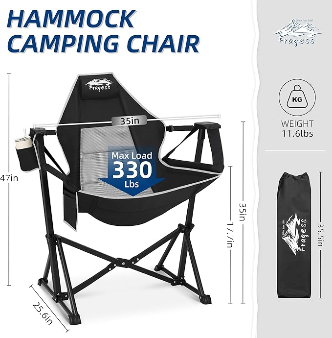 Portable Hammock Camping Chair with Adjustable Back, Folding Hammock Chair Supports 330lbs, Camping Swing Chair for Adults, Camping Hammock Chair for Lawn, Concerts, Backyard, Stargazer