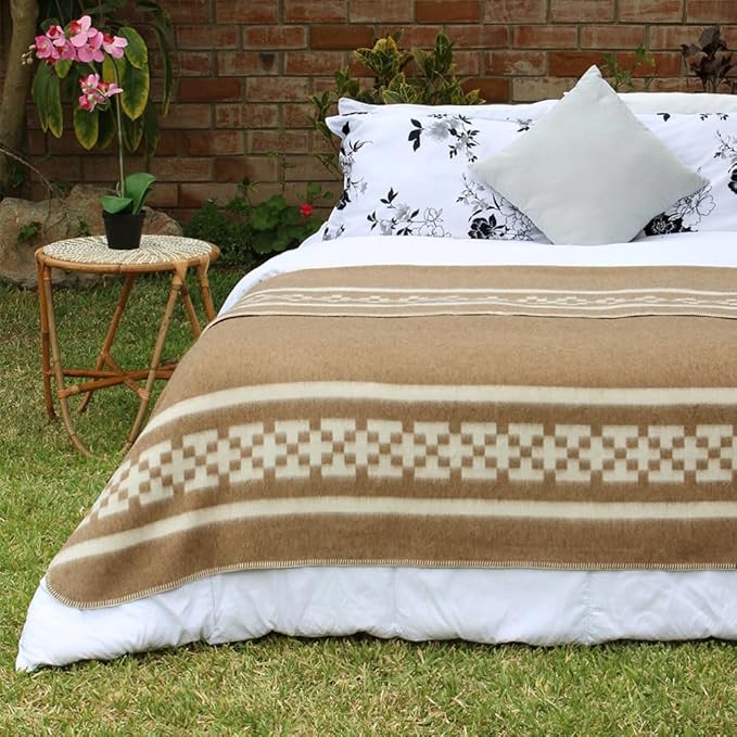 Inca Wall Thick Alpaca Wool Blanket Heavyweight Camping Outdoors Indoors Soft Peru Twin Size New Ethnic Design (Soft Camel/Ivory, Twin Size)