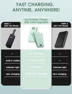 Portable Power Bank, 12000mAh 22.5W Phone Charger with Built-in Cables and Wall Plug, USB C Fast Charging Battery Bank with Smart LED Display, External Battery Pack for iPhone, iPad, Samsung etc Green
