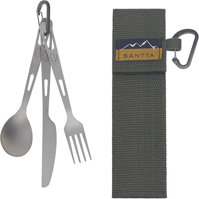 SANTTA Titanium Camping Utensils, Ultra Light Spoon Fork Knife 3 Piece Set, Cutlery Set with Pouch and Carabiner for Outdoor Camping, Hiking, Backpacking, Hiking, Picnic and Travel