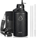 BUZIO Insulated Water Bottles 64oz with Straw Lid, Half Gallon Double Wall Stainless Steel Wide Mouth Water Bottle with Two Lids, Powder Coat Metal Water Jug Thermo Mug Metal Canteen, Keep Hot Cold