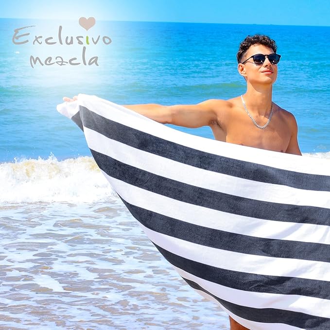 Exclusivo Mezcla 2 Pack Cotton Oversized 35x70 Inches Cabana Stripe Beach Towels, Super Absorbent Soft Plush Pool Bath Towel (Charcoal Grey)
