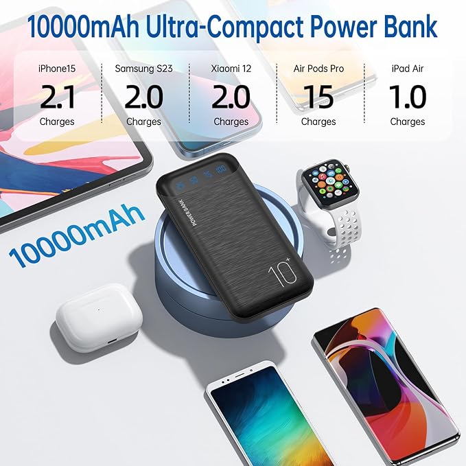 Power Bank 10000mAh Portable Charger Slim Battery Pack with 2 USB 2.4A Outputs and USB C In/Out Compatible with Huawei iPhone 16 15 14 13 12 iPad Samsung Galaxy S20 Android Tablet (Black + White)