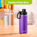 Kids Water Bottle for School 16 oz Stainless Steel Double Wall Vacuum Insulated Sports Water Bottle Leak Proof-Reusable Metal Flask with Silicone Boot for Travel, BPA-Free(Purple)