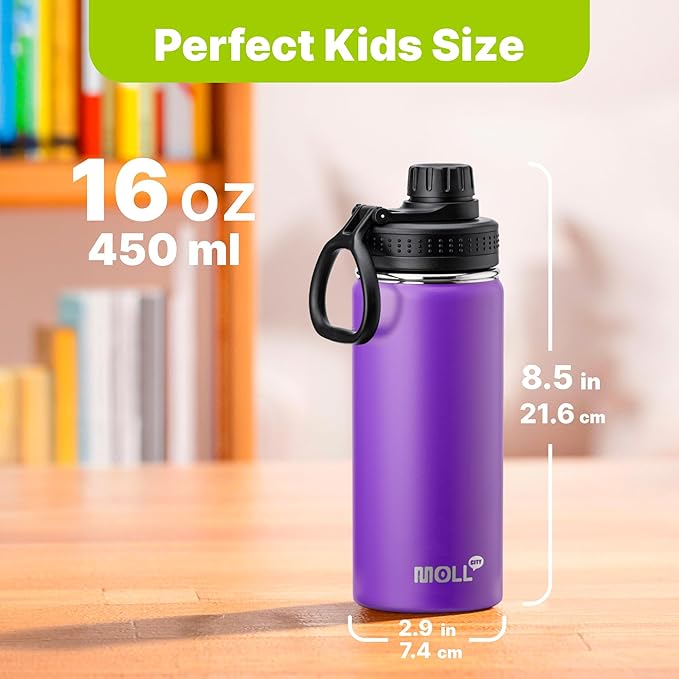 Kids Water Bottle for School 16 oz Stainless Steel Double Wall Vacuum Insulated Sports Water Bottle Leak Proof-Reusable Metal Flask with Silicone Boot for Travel, BPA-Free(Purple)