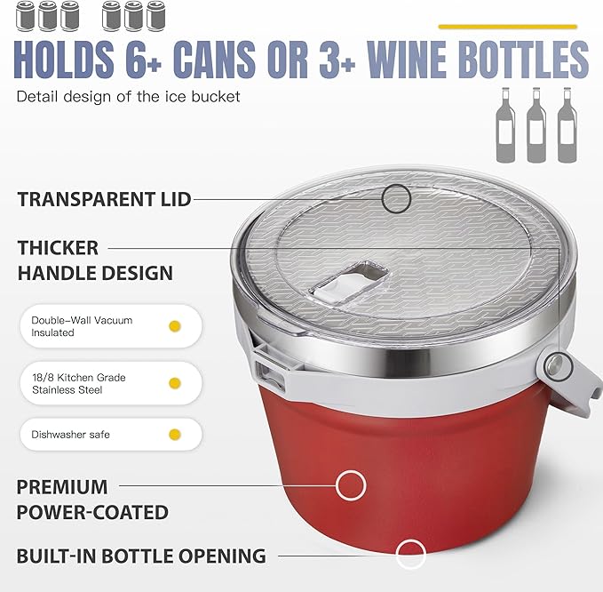 COKTIK 7L Vacuum Insulated Ice Bucket with Lid and Scoop& Tongs，Large capacity Stainless Steel Beverage Bucket for Cocktail, Champagne, Wine, Beer，Large Parties（Red Suit）