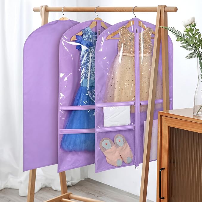 Univivi Dance Costume Bags Garment Bag 40 Inch Hanging Clothes for Dance Competitions, with 3 Medium Clear Zipper Pockets for Dance Costumes, Closet Storage (Purple, 2 Pack)