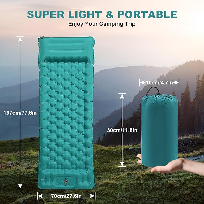 Camping Sleeping Pad with Pillow: Extra Thick 4.7 Inch Ultra-Light Self Inflating Air Mat, Lightweight Compact Inflatable Sleep Mattress with Built-in Pump Ultimate for Camping, Hiking (Peacock Blue)