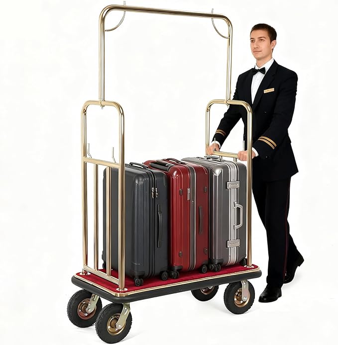 Generic Hotel Luggage Cart 39Lx19Wx68H Inch Bellman Luggage Trolley Cart Up to 881LBS 8-inch Silent Rubber Casters Carpet Deck Bumper Rails for Commercial Use Condos ResortsIdeal
