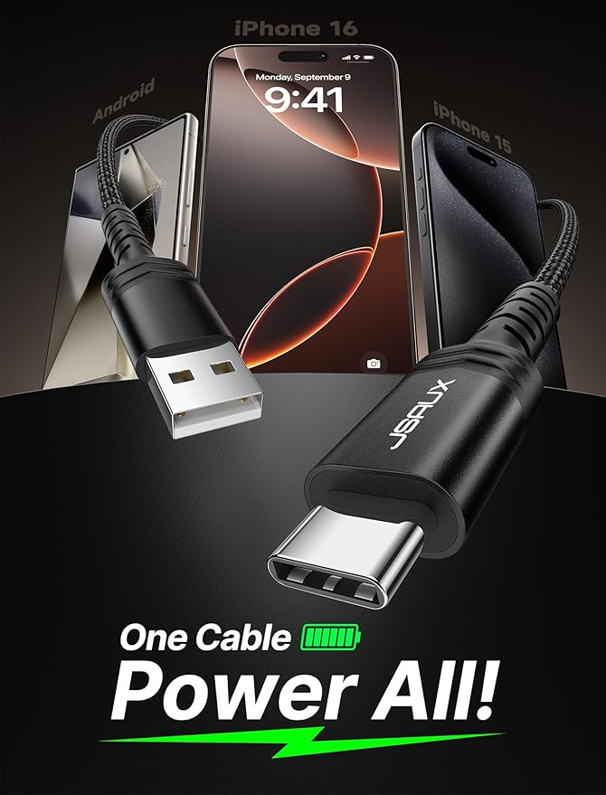 JSAUX USB C Cable [2-Pack 6.6ft], USB A to USB Cord Fast Charging for iPhone Air, iPhone 17, iPhone 17 Pro, iPhone 17 Pro Max, iPhone 16/iPhone 15 Series, Samsung S20 S10, Note 20 10,Car Play - Black