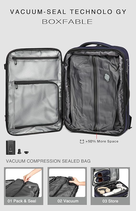 Vacuum Seal Travel Backpack 45L with Pump - Expandable Air Compression System, Water-Resistant Business TSA Lock, Laptop Backpack, Carry-On Suitcase Luggage, Gifts for Men