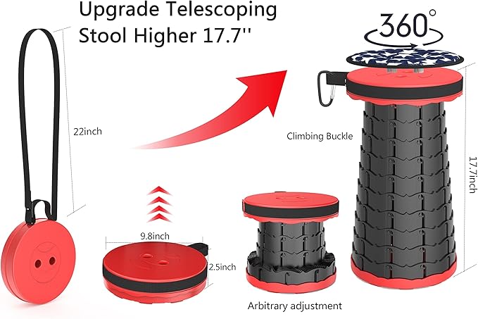 ALEVMOOM Telescoping Stool with Cushion, Portable Collapsible More Sturdy Capacity 440Ib, Retractable Collapsible Camping Adjustable Folding Stool for Hiking Garden BBQ