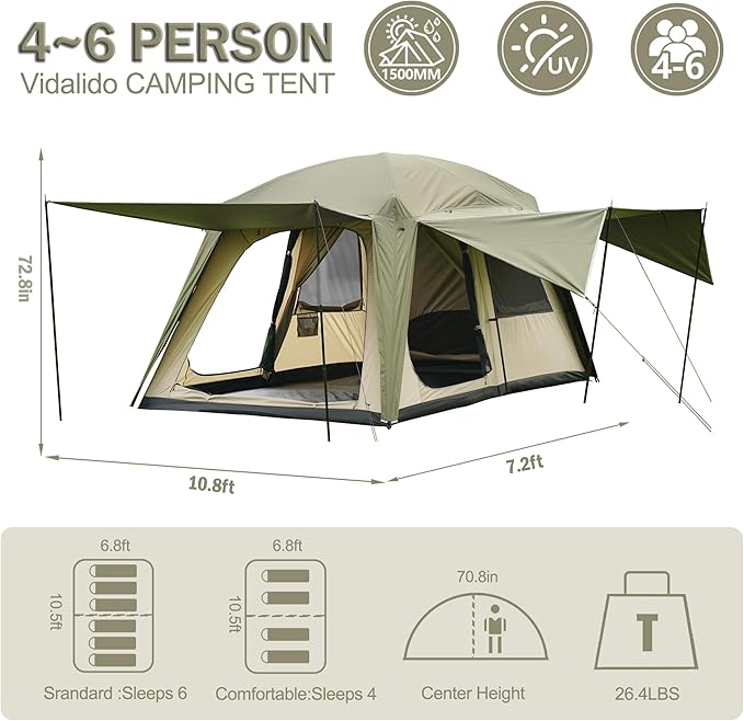 Vidalido 4-6 Person Camping Tent with 3 Door 2 Room Large Family Cabin Tents, Double Layer Waterproof Portable Glamping Tent, Big Tents for Outdoor Camping Hiking and Backpacking